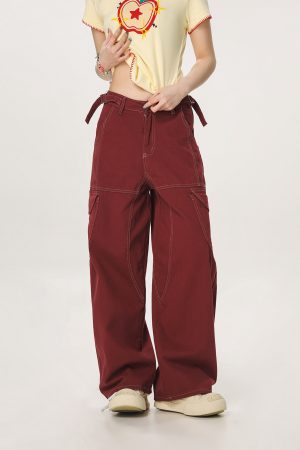 Vintage Red Casual Work Pants for Men and Women - Unisex Loose Straight Leg Design with Slightly Flared Style