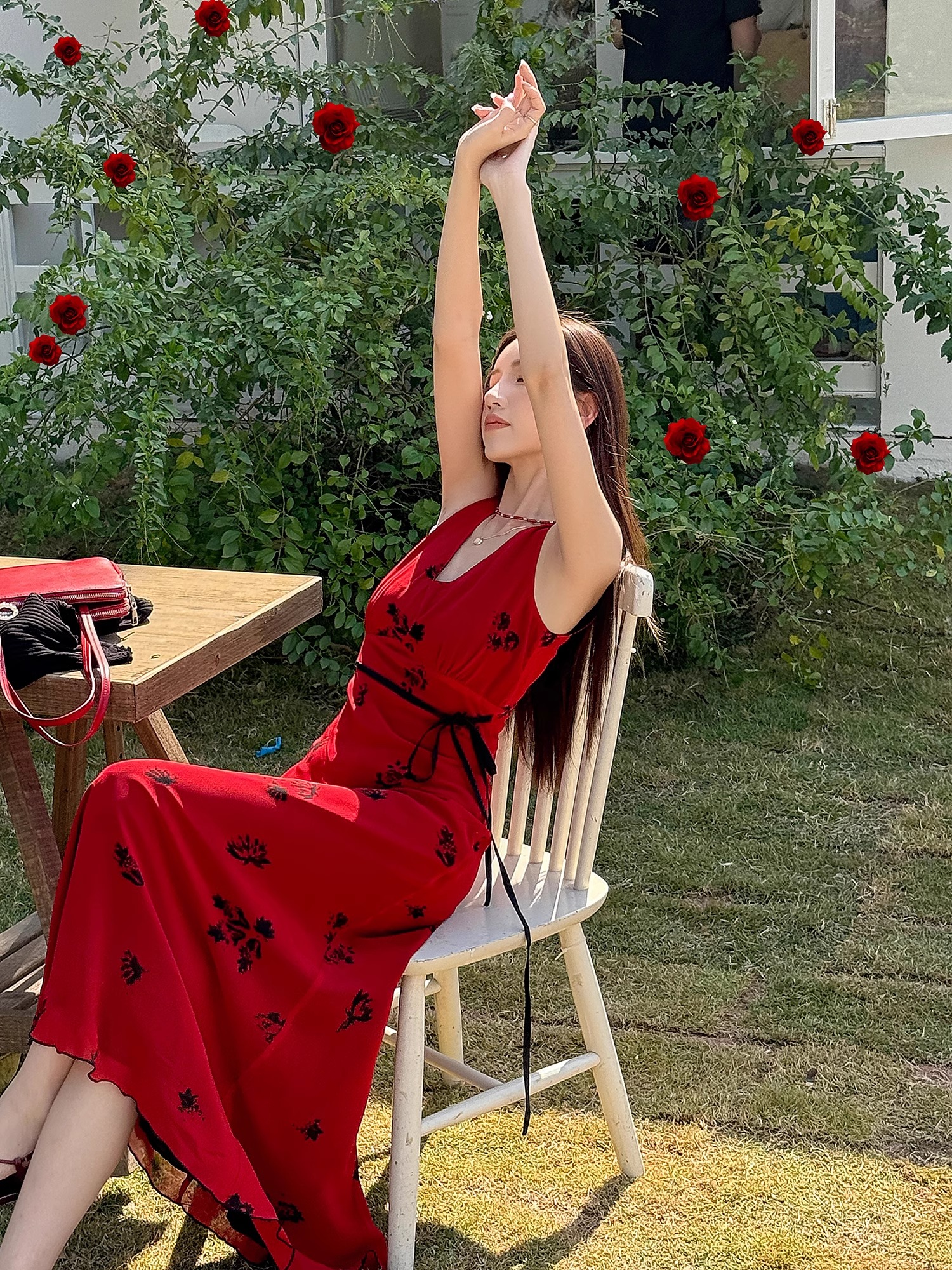 Vintage Red Chiffon Dress - Slim Fit V-Neck, High Waist, Elegant Long Floor-Length Dress for Summer Vacation Vintage Red Chiffon Dress - Slim Fit V-Neck, High Waist, Elegant Long Floor-Length Dress for Summer Vacation