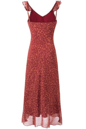 Vintage Red Floral Elegant V-Neck Long Dress for Women - French Style Holiday Dress 2025 Summer Fashion