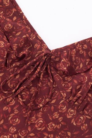 Vintage Red Floral Elegant V-Neck Long Dress for Women - French Style Holiday Dress 2025 Summer Fashion