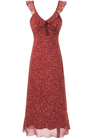 Vintage Red Floral Elegant V-Neck Long Dress for Women - French Style Holiday Dress 2025 Summer Fashion