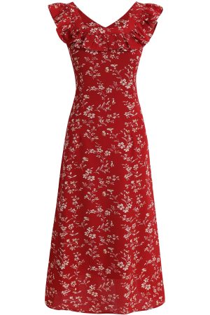 Vintage Red Floral V-Neck Ruffle Hem Summer Sling Dress for Women - 2025 Trendy Fashion Inspired by 90s and Y2K Styles