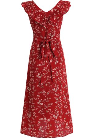 Vintage Red Floral V-Neck Ruffle Hem Summer Sling Dress for Women - 2025 Trendy Fashion Inspired by 90s and Y2K Styles