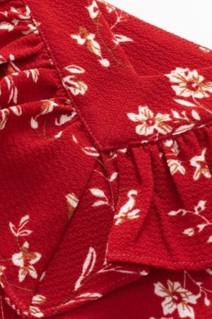 Vintage Red Floral V-Neck Ruffle Hem Summer Sling Dress for Women - 2025 Trendy Fashion Inspired by 90s and Y2K Styles