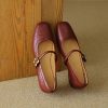 Vintage Red Mary Jane Shoes for Women - Chunky Heels, Genuine Leather, Square Toe, Open Toe Strap - 90s Y2K Style