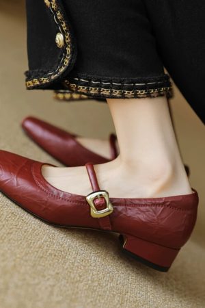 Vintage Red Mary Jane Shoes for Women - Chunky Heels, Genuine Leather, Square Toe, Open Toe Strap - 90s Y2K Style