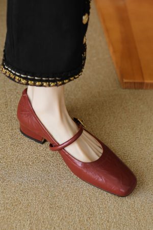 Vintage Red Mary Jane Shoes for Women - Chunky Heels, Genuine Leather, Square Toe, Open Toe Strap - 90s Y2K Style