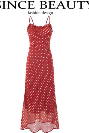 Vintage Red Polka Dot Long Strap Dress for Women - French Style Summer 2025 Fashion, Perfect for 90s and Y2K Inspired Looks