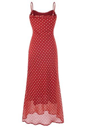 Vintage Red Polka Dot Long Strap Dress for Women - French Style Summer 2025 Fashion, Perfect for 90s and Y2K Inspired Looks