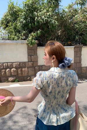 Vintage Retro Butterfly Floral Short Sleeve Shirt for Women - Summer Loose Fit Waist-Drawstring Collared Top, Y2K Style