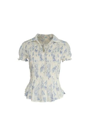 Vintage Retro Butterfly Floral Short Sleeve Shirt for Women - Summer Loose Fit Waist-Drawstring Collared Top, Y2K Style