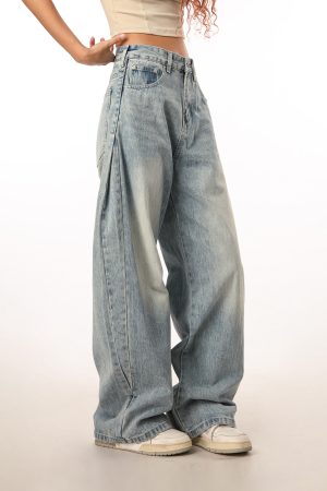 Vintage Retro Distressed Denim Pants for Men and Women - Loose Straight Leg Floor-Length Wide-Leg Style, Casual 90s Fashion