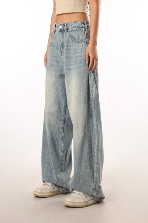 Vintage Retro Distressed Denim Pants for Men and Women - Loose Straight Leg Floor-Length Wide-Leg Style, Casual 90s Fashion