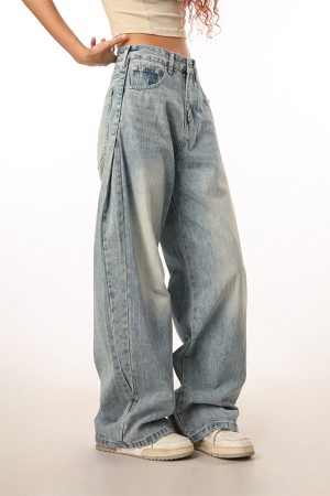 Vintage Retro Distressed Denim Pants for Men and Women - Loose Straight Leg Floor-Length Wide-Leg Style, Casual 90s Fashion