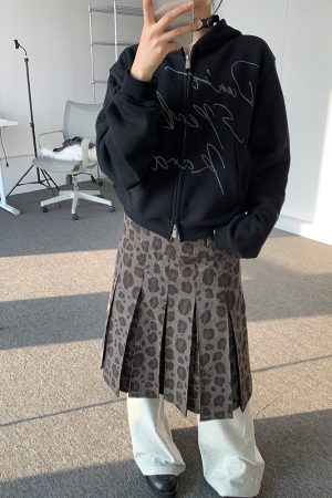 Vintage Retro Leopard Print A-Line Skirt - Low Waist Dark Gray Pleated Long Skirt for Spring and Autumn Fashion Trends