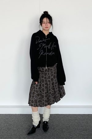 Vintage Retro Leopard Print A-Line Skirt - Low Waist Dark Gray Pleated Long Skirt for Spring and Autumn Fashion Trends