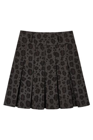 Vintage Retro Leopard Print A-Line Skirt - Low Waist Dark Gray Pleated Long Skirt for Spring and Autumn Fashion Trends
