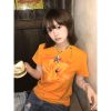 Vintage Retro Lily Print Dopamine Orange T-Shirt for Women - Summer Casual Top, Round Neck, Short Sleeves, Y2K Style
