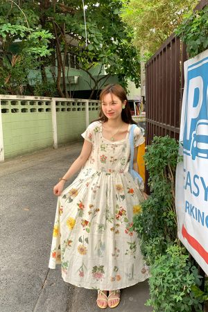 Vintage Retro Linen Short Sleeve Square Neck Dress - Women's Summer High Waist Flared Skirt, 90s Y2K Style