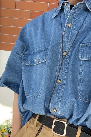 Vintage Retro Loose Short-Sleeve Denim Shirt for Couples - Handmade Washable Korean Style Half-Sleeve Top