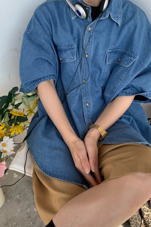 Vintage Retro Loose Short-Sleeve Denim Shirt for Couples - Handmade Washable Korean Style Half-Sleeve Top