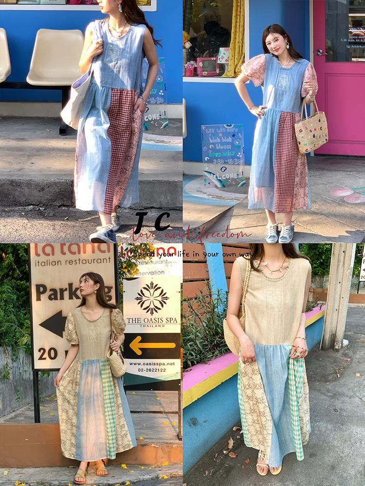 Vintage Retro Patchwork Short Sleeve Dress for Women - Summer Embroidered Puff Sleeve Long Dress in 90s Inspired Style Vintage Retro Patchwork Short Sleeve Dress for Women - Summer Embroidered Puff Sleeve Long Dress in 90s Inspired Style