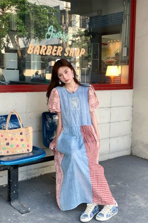 Vintage Retro Patchwork Short Sleeve Dress for Women - Summer Embroidered Puff Sleeve Long Dress in 90s Inspired Style