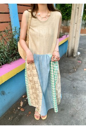 Vintage Retro Patchwork Short Sleeve Dress for Women - Summer Embroidered Puff Sleeve Long Dress in 90s Inspired Style