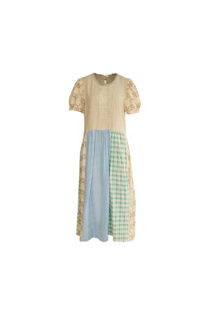Vintage Retro Patchwork Short Sleeve Dress for Women - Summer Embroidered Puff Sleeve Long Dress in 90s Inspired Style