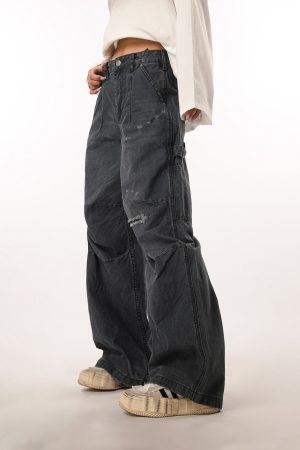 Vintage Ripped Work Pants for Women and Men - Straight Loose Wide-Leg Casual Flared Trousers - Retro 90s Style
