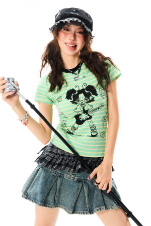 Vintage Rock Girl Short Sleeve T-Shirt for Women - Slim Fit Summer Top, Versatile Casual Style, 90s Inspired Fashion