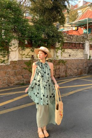 Vintage Rose Sea Wave French Print Sheer Halter Dress - Women's Summer Loose Retro Maxi Dress for Boho Style