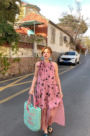 Vintage Rose Sea Wave French Print Sheer Halter Dress - Women's Summer Loose Retro Maxi Dress for Boho Style