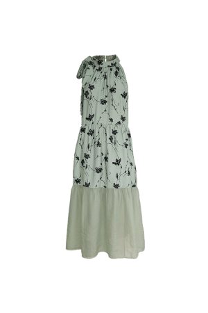 Vintage Rose Sea Wave French Print Sheer Halter Dress - Women's Summer Loose Retro Maxi Dress for Boho Style