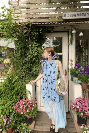 Vintage Rose Sea Wave French Print Sheer Halter Dress - Women's Summer Loose Retro Maxi Dress for Boho Style