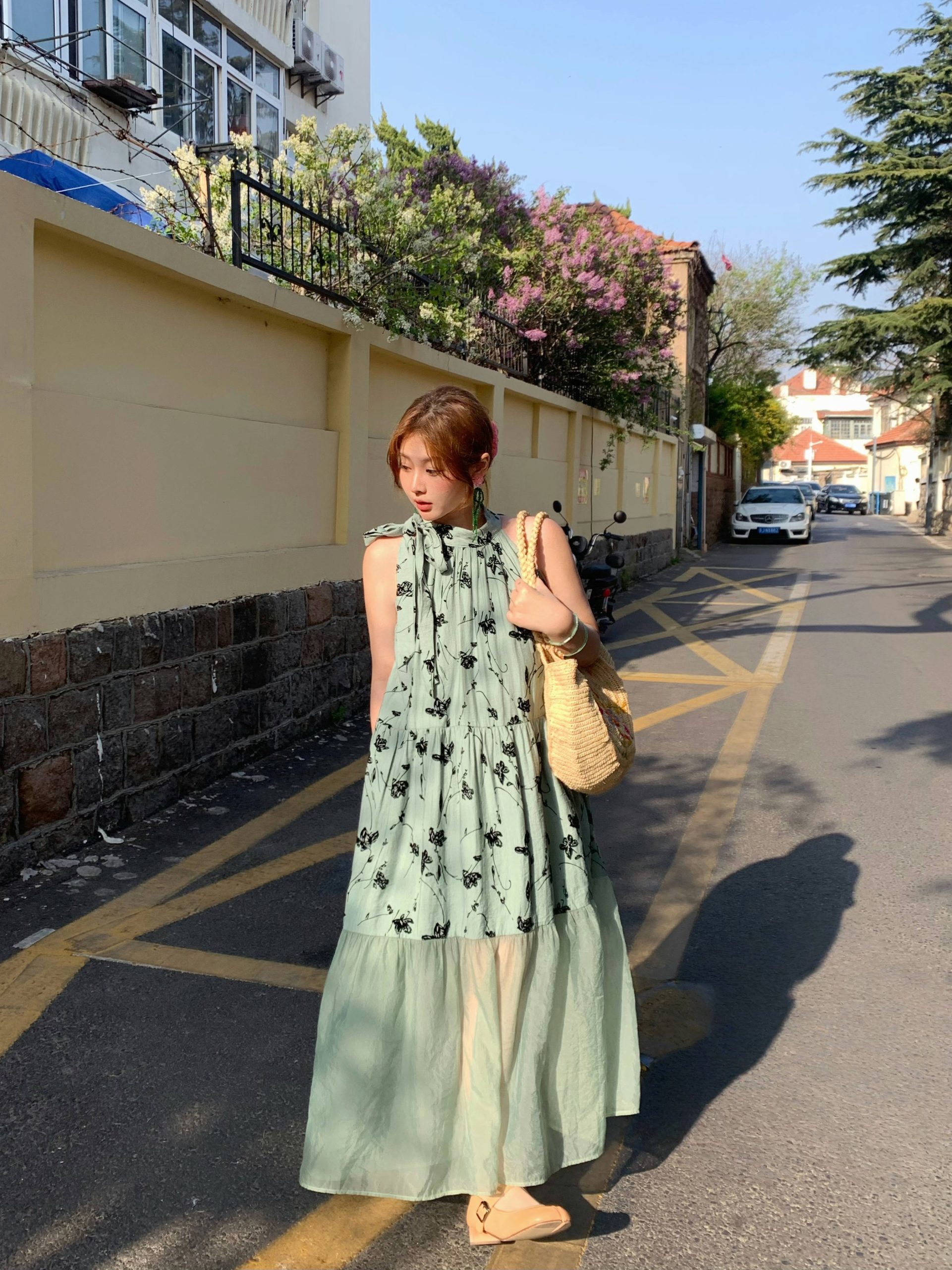 Vintage Rose Sea Wave French Print Sheer Halter Dress - Women's Summer Loose Retro Maxi Dress for Boho Style Vintage Rose Sea Wave French Print Sheer Halter Dress - Women's Summer Loose Retro Maxi Dress for Boho Style