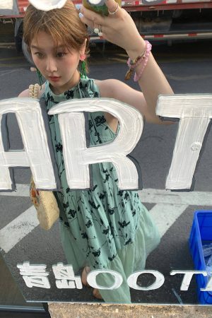 Vintage Rose Sea Wave French Print Sheer Halter Dress - Women's Summer Loose Retro Maxi Dress for Boho Style