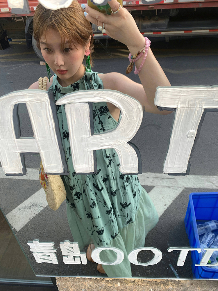 Vintage Rose Sea Wave French Print Sheer Halter Dress - Women's Summer Loose Retro Maxi Dress for Boho Style Vintage Rose Sea Wave French Print Sheer Halter Dress - Women's Summer Loose Retro Maxi Dress for Boho Style