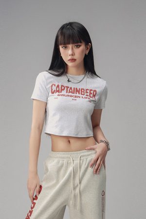 Vintage Slim Fit Cropped T-Shirt for Women - American Beer Team Captain Design, Summer Dance Style, Trendy Short Sleeve Top