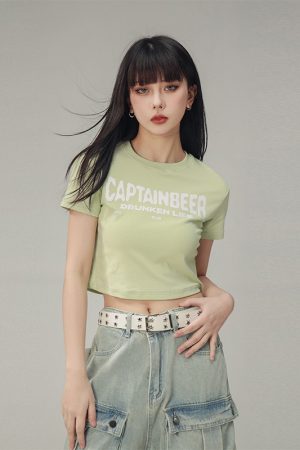 Vintage Slim Fit Cropped T-Shirt for Women - American Beer Team Captain Design, Summer Dance Style, Trendy Short Sleeve Top
