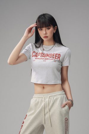 Vintage Slim Fit Cropped T-Shirt for Women - American Beer Team Captain Design, Summer Dance Style, Trendy Short Sleeve Top