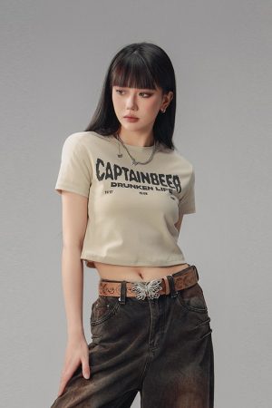 Vintage Slim Fit Cropped T-Shirt for Women - American Beer Team Captain Design, Summer Dance Style, Trendy Short Sleeve Top