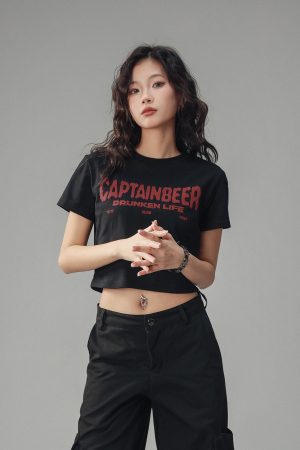 Vintage Slim Fit Cropped T-Shirt for Women - American Beer Team Captain Design, Summer Dance Style, Trendy Short Sleeve Top
