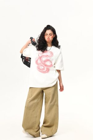 Vintage Snake Print Round Neck Short Sleeve T-Shirt for Men and Women - 2025 Summer Loose Couple Top, Y2K Style