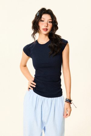 Vintage Solid Color Slim Fit Short Sleeve T-Shirt for Women - Summer Slimming Flutter Sleeve Crop Top, Y2K Style Fashion