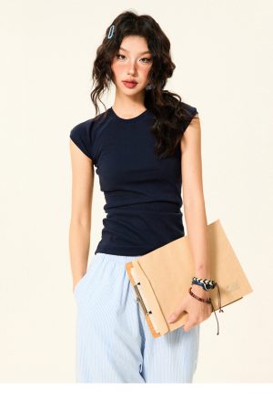 Vintage Solid Color Slim Fit Short Sleeve T-Shirt for Women - Summer Slimming Flutter Sleeve Crop Top, Y2K Style Fashion
