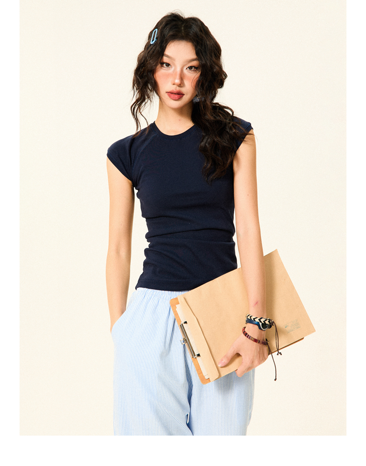 Vintage Solid Color Slim Fit Short Sleeve T-Shirt for Women - Summer Slimming Flutter Sleeve Crop Top, Y2K Style Fashion