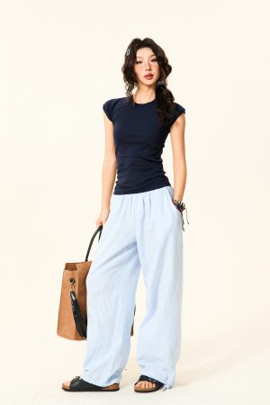 Vintage Solid Color Slim Fit Short Sleeve T-Shirt for Women - Summer Slimming Flutter Sleeve Crop Top, Y2K Style Fashion