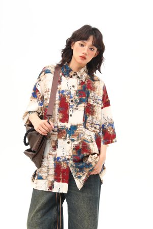 Vintage Splatter Design Short Sleeve Shirt for Women | Retro American Style, Trendy 90s Aesthetic Fashion Top