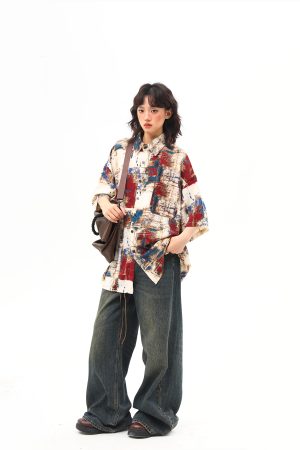 Vintage Splatter Design Short Sleeve Shirt for Women | Retro American Style, Trendy 90s Aesthetic Fashion Top